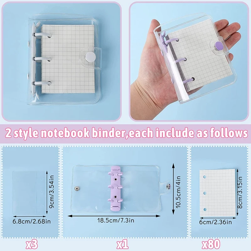 2 Pcs Transparent 3 Ring Binder Cover PVC Clear Notebook Loose Leaf Mini Binder With 80 Inner Papers And Refillable Bags
