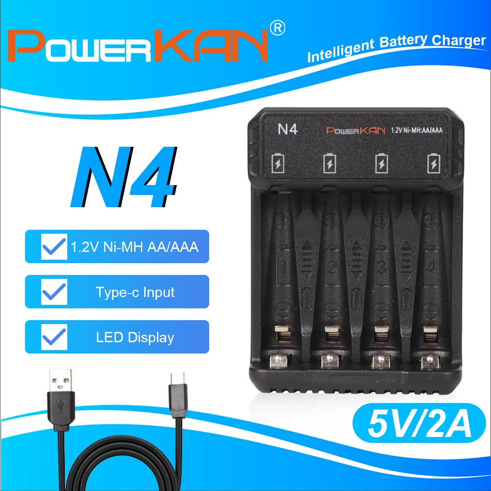 POWERKAN N4 Battery Charger with LED Display for 1.2V Ni-MH Ni-Cd AA AAA Rechargeable Batteries 4 Slot USB-C 5V 2A