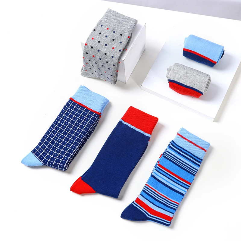 6 Pairs Men Dress Socks High Quality Cotton Business Casual Soft Brand Fashion Design Blue Dots Pattern Plus Size Long Male Sock