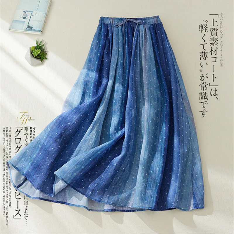Azul listrado bloco estrelado ponto retalhos saia de verão fino camadas duplas cintura elástica saias femininas grande balanço macio