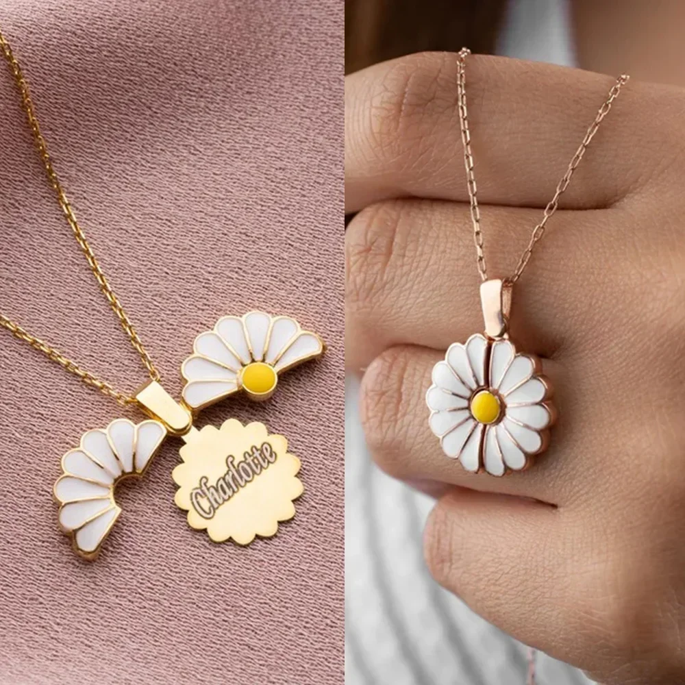 

Daisy Flower Pendant Custom Engraved Name Necklace for Women Chain Choker Stainless Steel Jewelry Personalized Mother's Day Gift