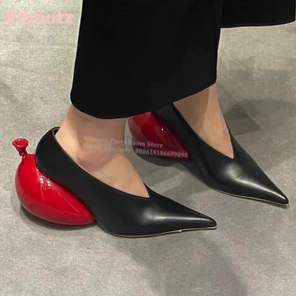 Apple Strange Heel Pumps Pointed Toe Genuine Leather Mixed Color Black And Red Slip-On Fashion Runway Show Women Shoes Newest