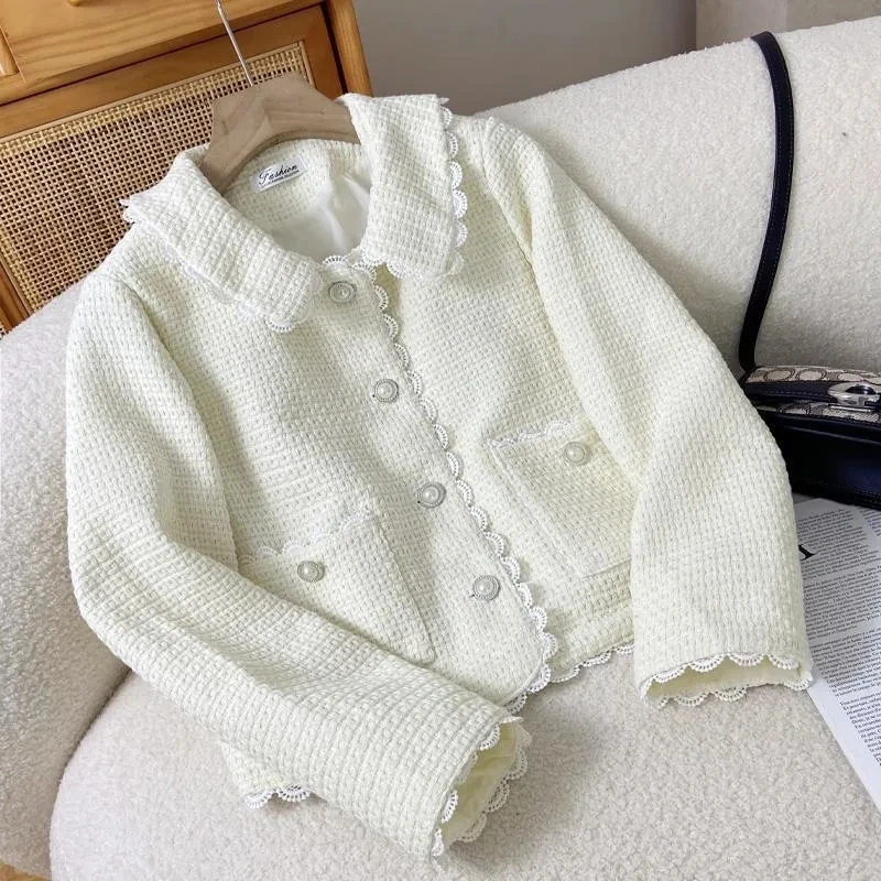 French Fashion Coast Women Spring Autumn Elegant Lace Patchwork Plaid Jacket Female Chic Button Long Sleeve Peter Pan Collar Top