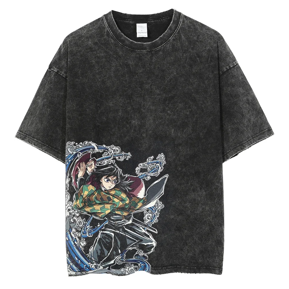 YG Anime Demon Slayer Kamado Tanjirou Graphic Print T Shirt Men Manga Tshirts Washed Cotton T-shirt Harajuku Male Vintage Tee