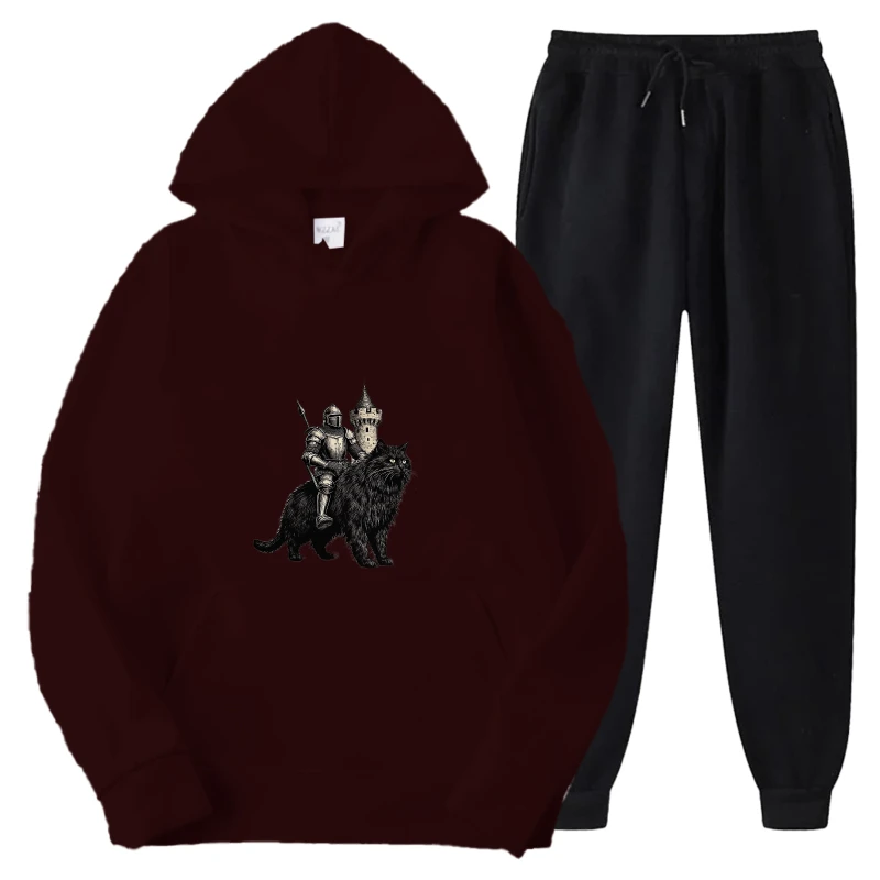 طقم هوديي مطبوع باللونين الأسود والعنابي، سويت شيرت وسروال بنص مضحك 3500 جرامًا للارتداء والهدايا غير الرسمية