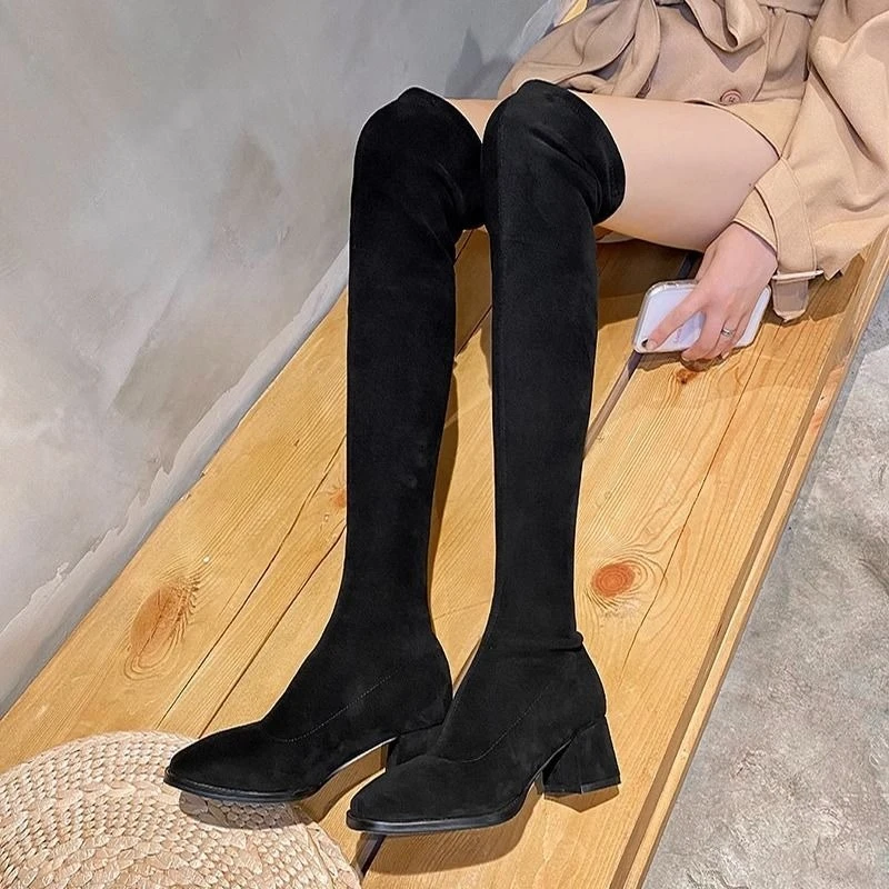 

Solid Color Square Toe Women's 2025 New Over The Knee Boots Chunky Mid Heel Slimming Work Spring Autumn Plus Size Elegant