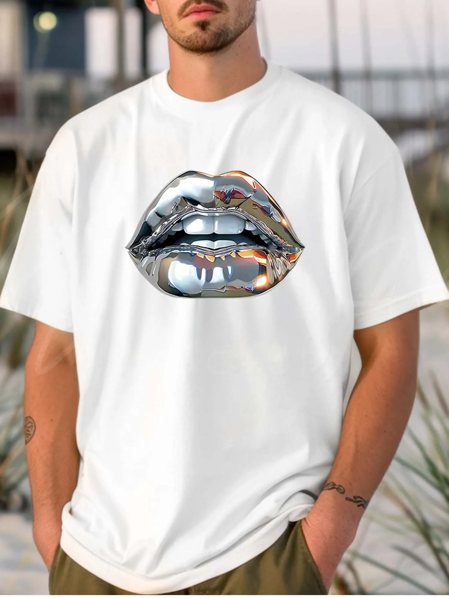 

Metallic Chrome Lips Print Graphic Tee Men Casual Cotton Short Sleeve Crew Neck T-Shirt Daily Wear