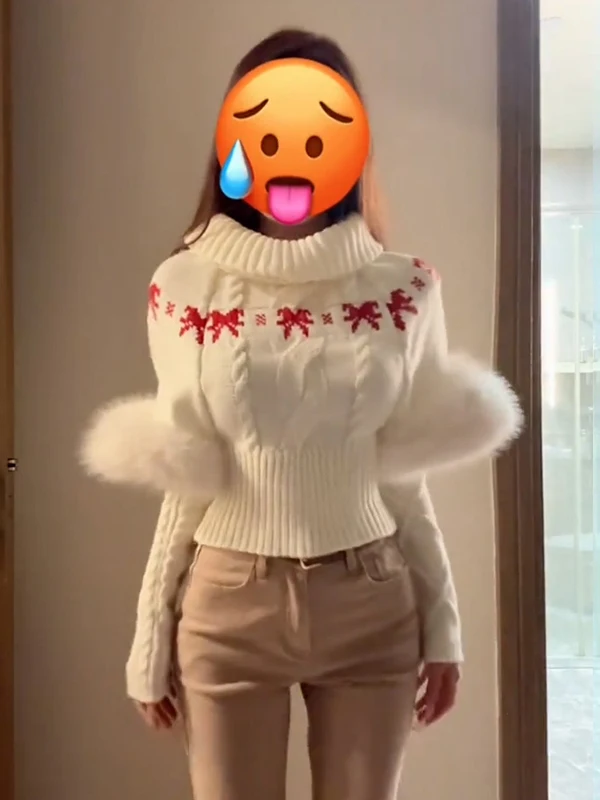 

Уникальный красивый вязаный свитер с высоким воротником и меховой отделкой для женщин, модный осенне-зимний облегающий теплый топ