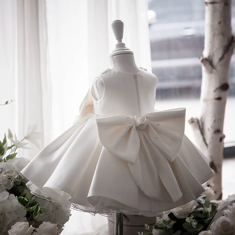 

Flower Girl Dresses for Weddings First Christmas & Parties Pearl Collar Bow Satin Kids Formal Gown Special Occasions فساتي