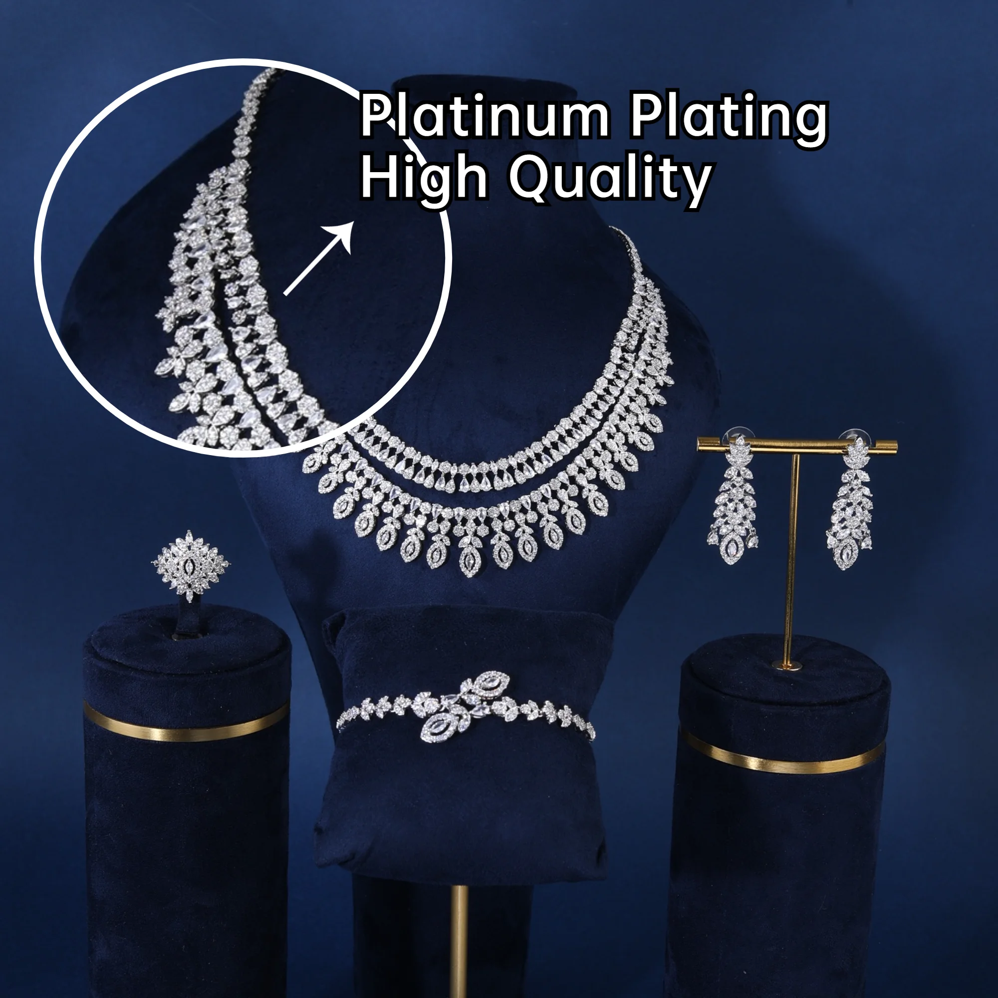 

Luxury Anniversary Full Cubic Zirconia Jewelry Set Tassel Double Layer Water Drop Necklace Wedding Party Earrings