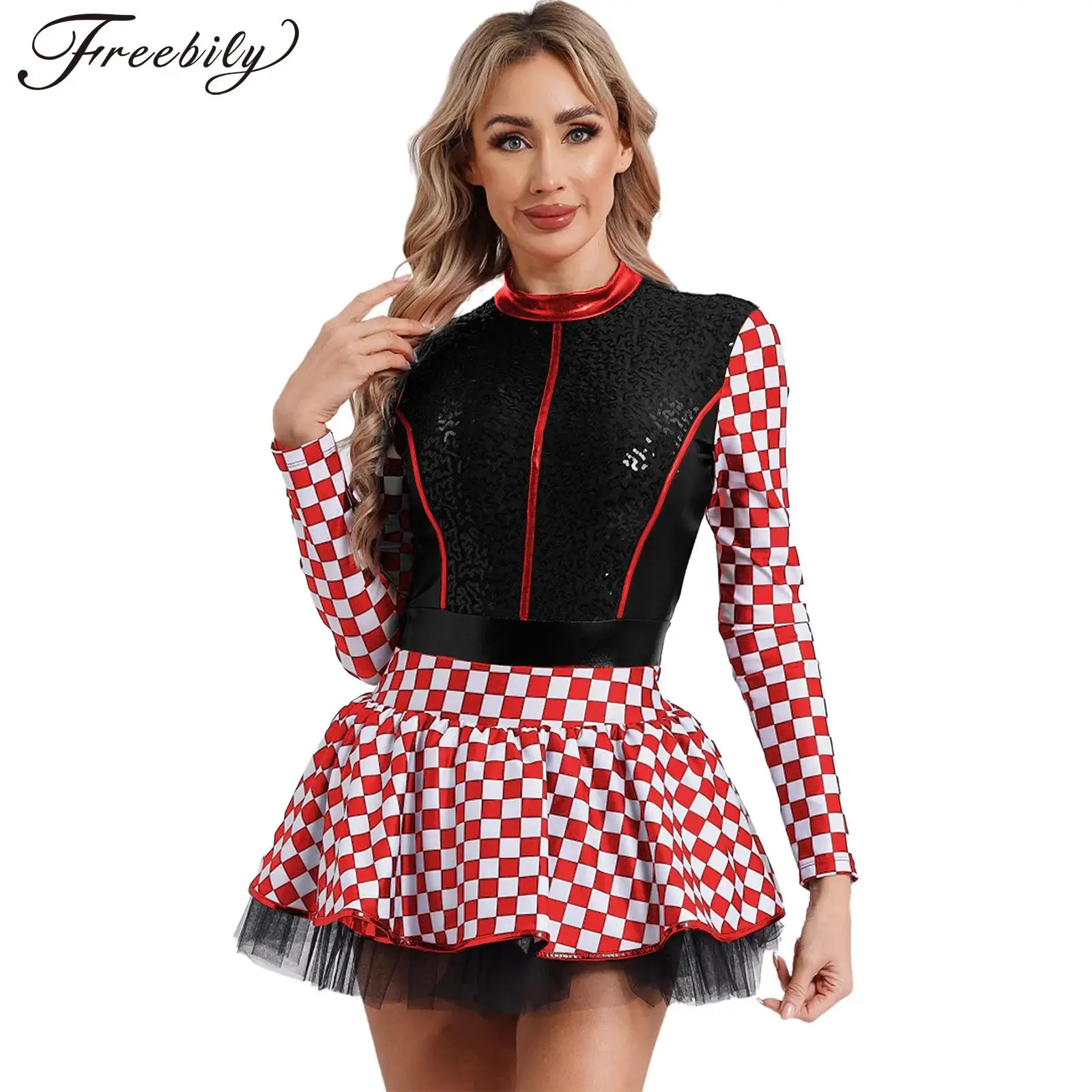 

Women Racer Driver Cosplay Costume Long Sleeve Sequin Checkerboard Tutu Leotard Dress Halloween Carnival Party Role Play Clothes