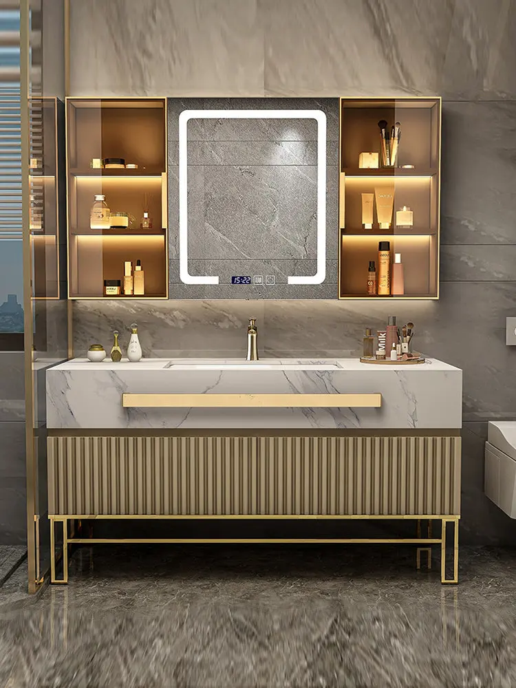 Modern Minimalist Oak Bathroom Cabinet Modular Vanity Custom Basin Cabinet Floor Floor Ceramic Slate Seamless Integrated Basin