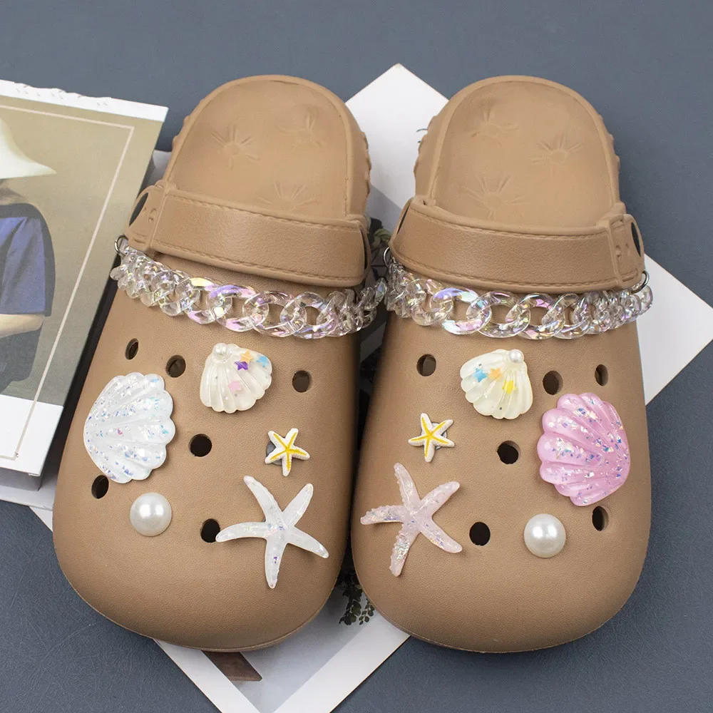 New Fantasy Acrylic Chain Hole Shoe Charms Decoration Shoe Buckle Lovely Pearl Shell Starfish DIY 3D Shoes Flower Accessories