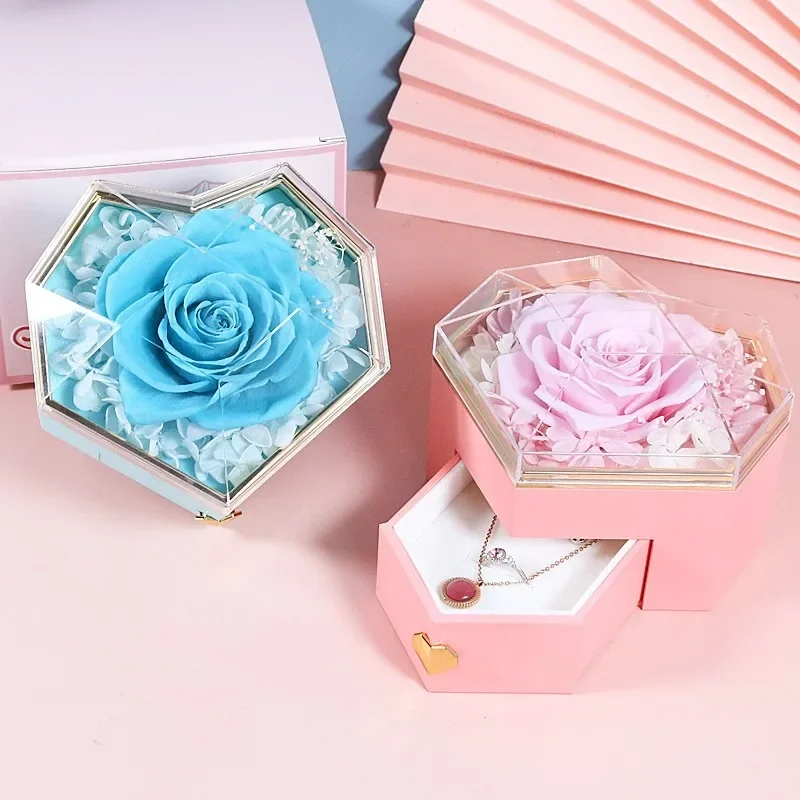 Luxury Preserved Fresh Flower Crystal Jewelry Box for Necklace Display Elegant Ladies Soap Flower Rose Jewel Carrying Box Gift