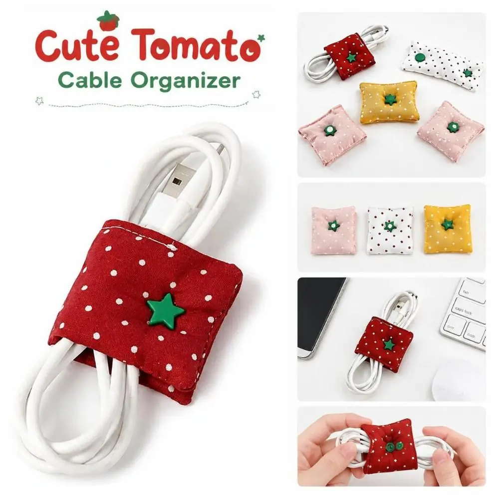 Fabric Desktop Cable Organizer Polka Dot Pattern Double-Sided Cord Storage Clip Tomato Shape Portable Earphone Organizer