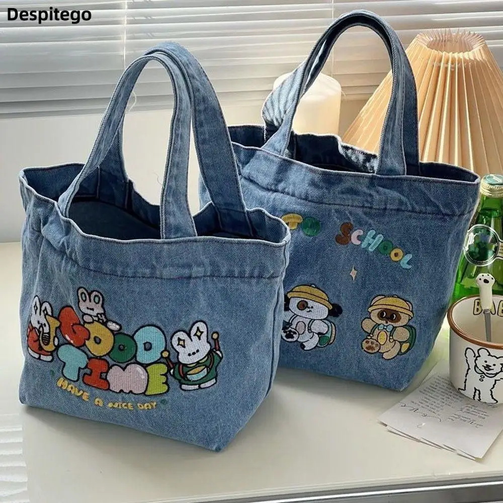 Tas jinjing anjing kartun kelinci tas tangan huruf kain Denim wanita tas makan siang kapasitas besar dompet tas belanja