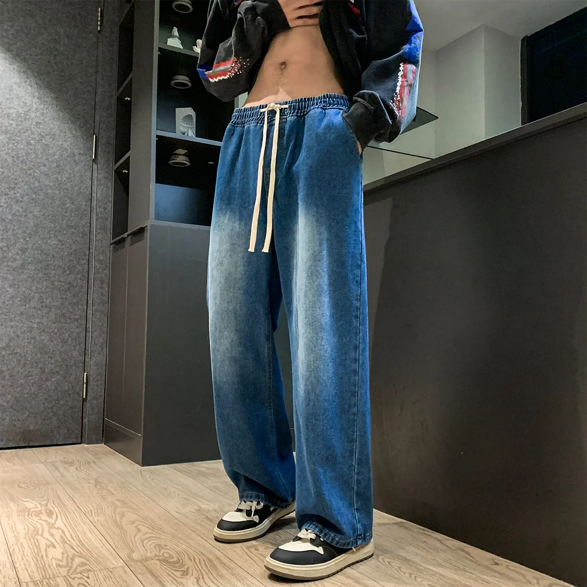 

Мужские повседневные свободные джинсы прямого кроя в американском стиле, модные, больших размеров, весна-осень, длинные брюки из хлопка и полиэстера