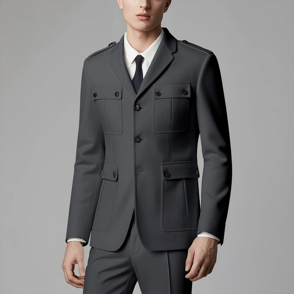 

Men's Military Style Suit Set with Utility Pockets Single Breasted Blazer Pants Slim Business Work Party Tailored Suits 2 Piece