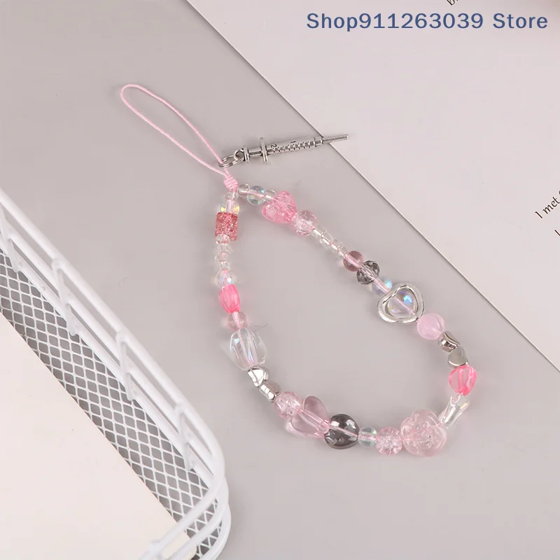 1 Pc Pink Transparent Love Heart Mobile Phone Chain Metal Needle Phone Keychain Pendant Cell Phone Lanyard Camera Chains Decor