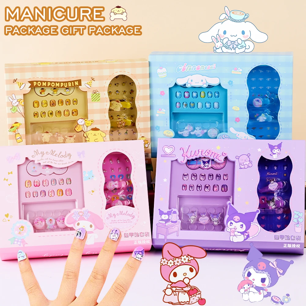 1Box Sanrios Children Nail Patch Set Kawaii Melody/Kulomi/Laurel Dog Design Girls Nail Stickers&Hair Clips Kit Kids Holiday Gift