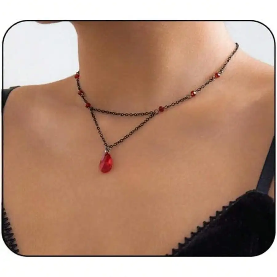 

Black Chain Layered Necklace with Red Crystal Teardrop Pendant