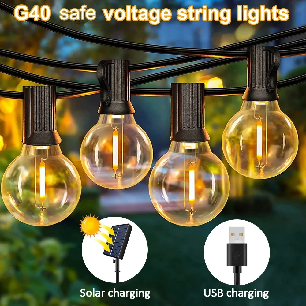 Solar Outdoor String Lights G40 Patio Lights,USB Recharger, 8 Light Modes ,Shatterproof Bulbs , Weatherproof Hanging Light
