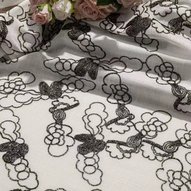 Embroidered Tulle Lace Trim Fabric Auspicious Cloud Embroidery Sheer Soft Drapey Vintage Chinese Style Dress Gown DIY Sewing