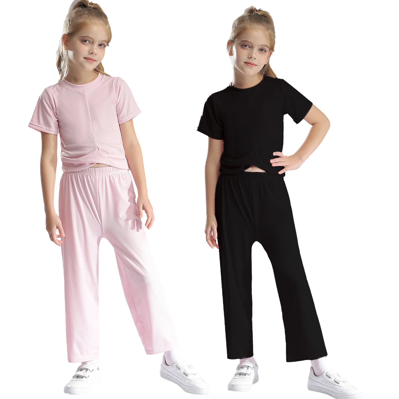 

Kids Girls Clothes 2 Pieces Tracksuit Summer Fashion Ribbed Short Sleeve Irregular Hem T-shirt+Loose Pants Children's Sports Set