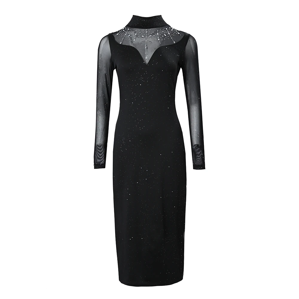 المرأة حجر الراين ديكور بقماش شفاف المرقعة كم طويل بريق Bodycon ميدي فستان سليم صالح وتتسابق