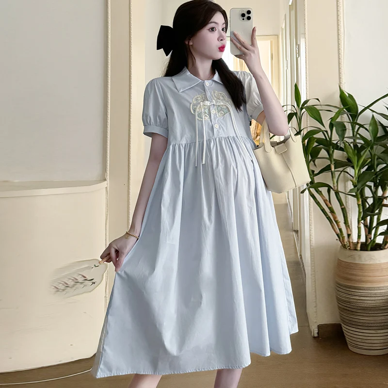 Summer Chinese Style Sweet Pregnant Women's Dress Puff Sleeve Turn-down Collar Fashion Embroidery Maternity Dress Loose Clothes