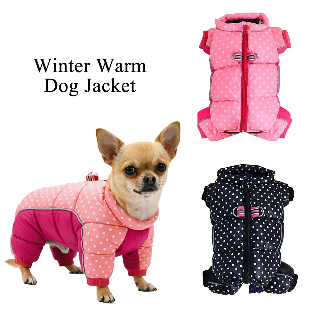 Image of Winterwarme Hundejacke für kleine und mittelgroße Hunde, gepunkteter Welpenoverall mit D-Ring, reflektierender Mantel für Haustiere, Chihuahua, Bulldogge