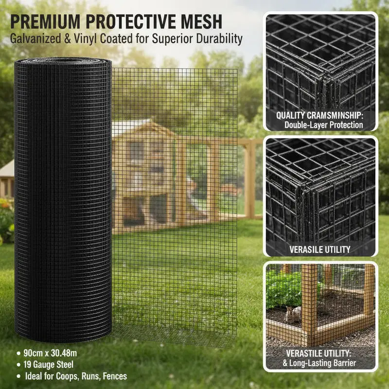 Vinyl Coated Hardware Cloth 36'' X 100' for Chicken Coop, Rabbit Fence, Poultry Enclosure, 19 Gauge Galvanized Metal Wire Mesh Roll, Black Protective Layer Barrier Snake Screen Garden Protection Netting view 3