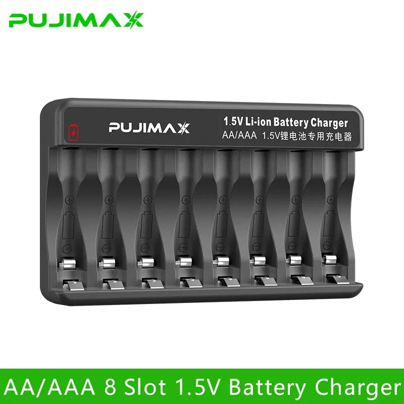 PUJIMAX New AA 1.5V Lithium Battery Charger 8 Slots LED Fast Charger with Charging Cable Charger Station for Rechargeable Li-ion