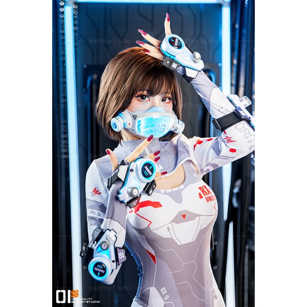 Cool Cyber-Punk LED Cosplay Maks Glow Girl Sci-Fi Mechanische Arm Machines Handschoen Masker Party voor Dames Heren Feestaccessoires)