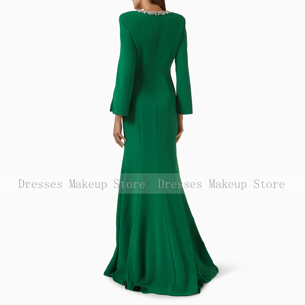 Vestido de fiesta Formal personalizado, capa con cuello redondo de cristal, mangas, vestidos de fiesta de sirena para mujer, vestidos de noche verdes de sirena/trompeta