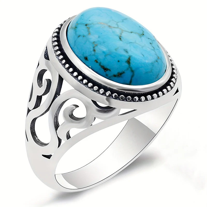 Huitan Created Turquoise Women Ring Silver Color Vintage Party Daily Noble Metal Accessories Texture Design Classic Jewelry
