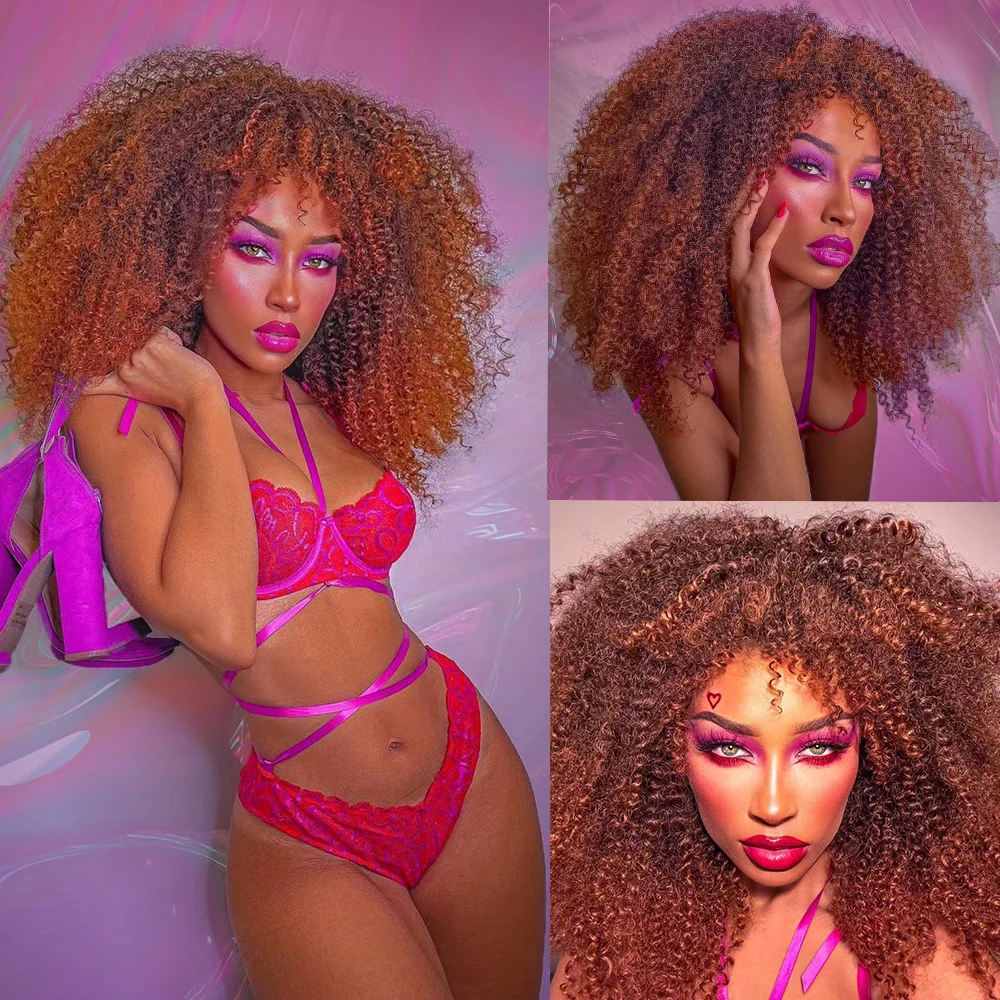 HIHOO-peluca Afro rizada de Pelo Corto con flequillo para mujeres negras, pelucas sintéticas de Cosplay, Marrón Natural, Rubio mezclado, Rosa