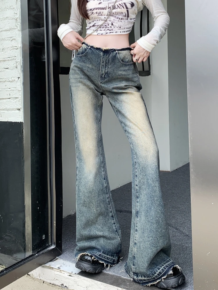 Autumn Jeans Women Bleached Raw Edge Flare Trousers Korean Style Fashion Spicy Girls Retro Mopping Chic Workout Simple All-match