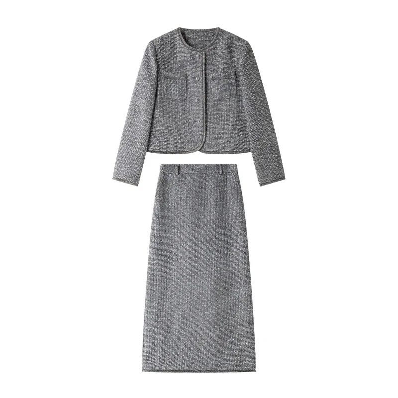 VIMLY Winter 2025 Women's Elegant Skirt Suits Small Fragrant Quilted Coat Straight Slit Hem Skirt Office Lady Skirt Sets M9798