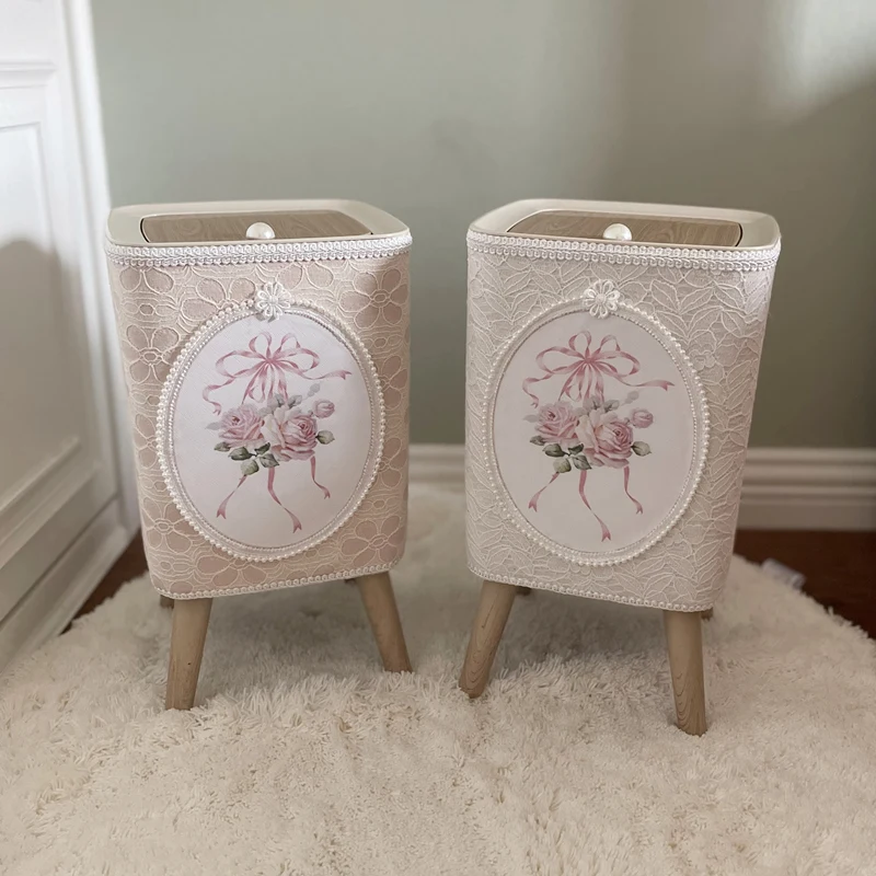

Korean Style Premium Lace Square Trash Can with Press Lid Tall Decorative Waste Basket for Home/Office/Bedroom Storage Function