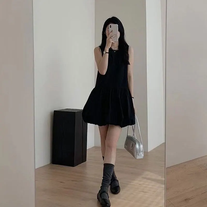 Korean Ball Gown Waist Mini Dress Women's Clothing Vintage A-Line Summer New Basic Solid Color Loose Sleeveless Fashion Dresses