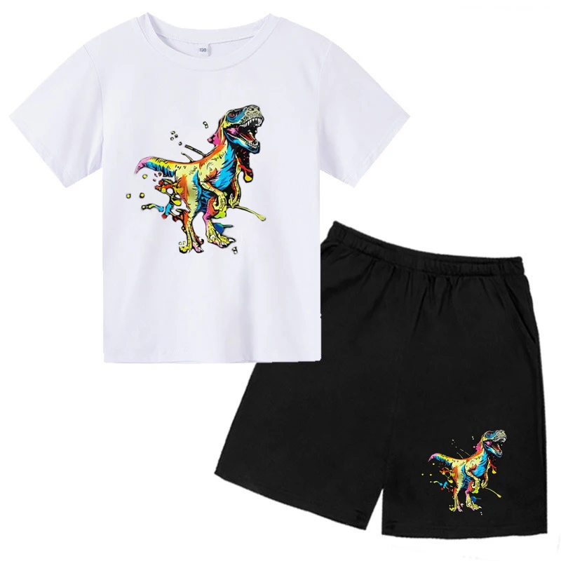 2024 New Graffiti Art Series Colorful Dinosaur Pattern Design Printed Boys Girls T-shirts+pants 2PCS  Suits Chilren Clothes Sets