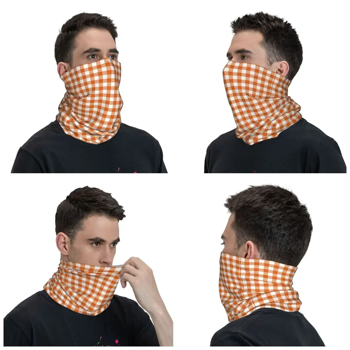 Orange Plaid Checkered Winter Headband Neck Warmer Women Men Hiking Cycling Tube Scarf Geometric Gingham Face Bandana Gaiter