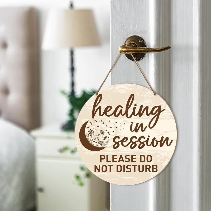 Healing in Session Door Sign, Natural Wood Do Not Disturb Sign with Crescent Moon & Stars Design, Classic Hanging Sign for Home