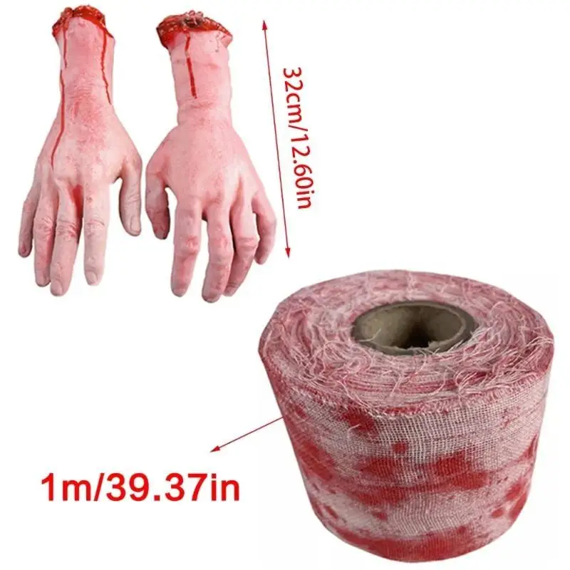 652F Scary Blood Bandage Broken Severed Hands Halloween Bloody Cloth Strips Decorations Blood Gauze Bandage