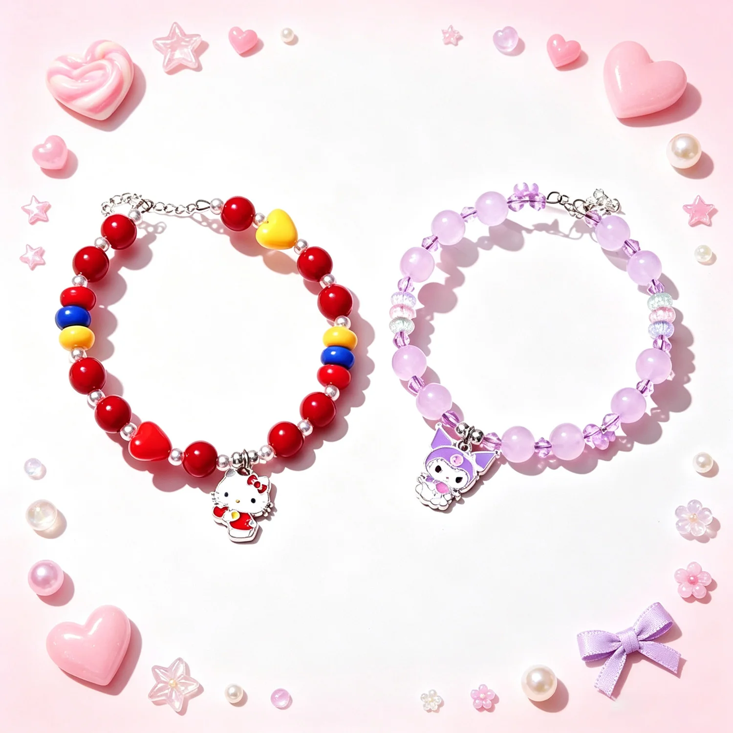 Hello Kitty Kuromi Beaded Wrist Ornament Heart And Round Beads With Metal Charm For Girls Daily Wear Sweet Party Gift