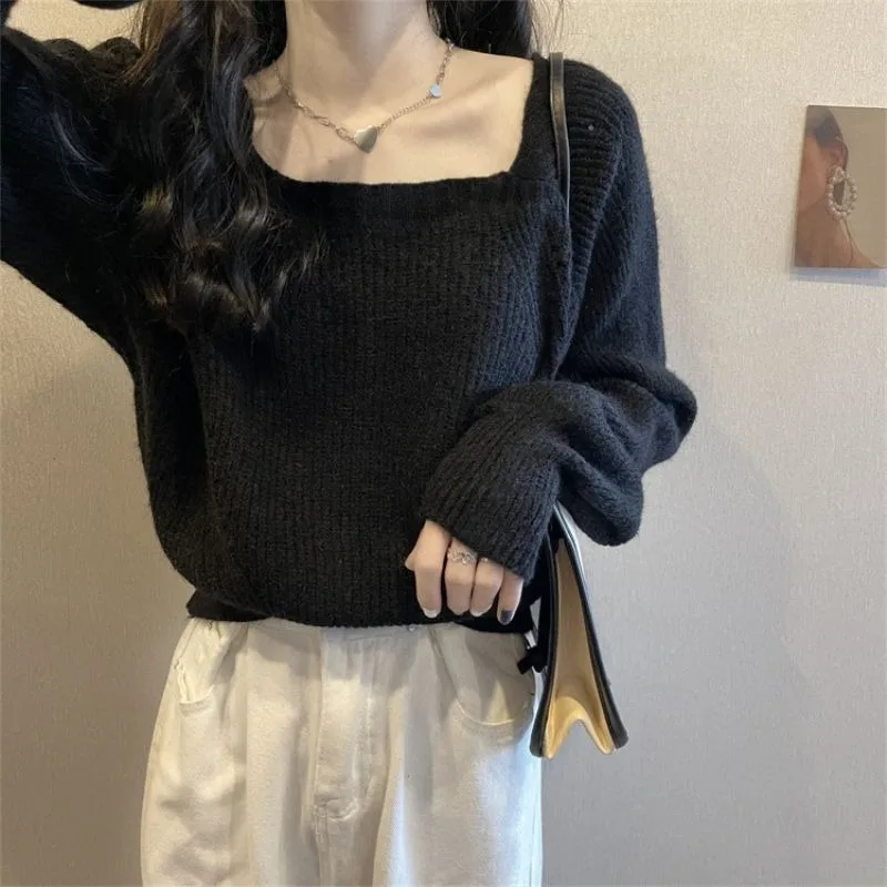 Women Autumn Simplicity Temperament Loose Solid Color Square Collar Long Sleeve Knitwear Ladies Fashion All-match Knitting Tops