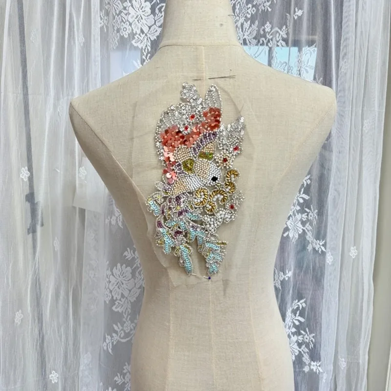 

Champagne Colored Mesh Beaded Lace with Bird Pattern for Chinese Cheongsam Matching and Stage Performance Costumes Decorations