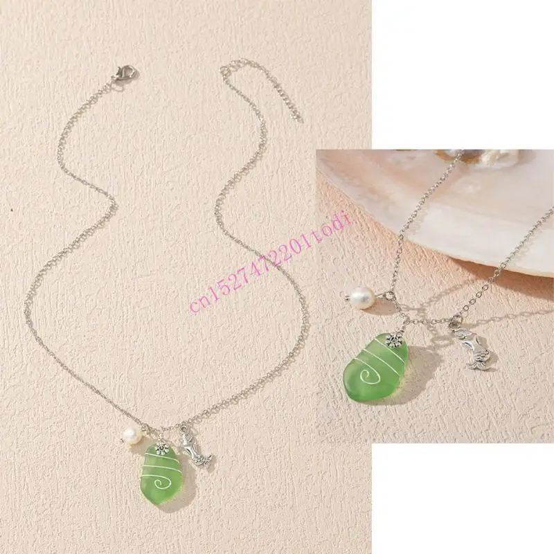 Fashion Ocean Charm Necklace Clavicle Chain Necklace Simple Sweater Chain Jewelry Sea Glass Pendant Necklace M76B