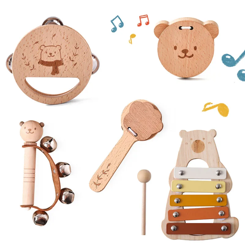 Newborn Wooden Musical Instruments Toys Wooden Bear Percussion Instruments Preschool Educational Toy for Baby Montessori Toys